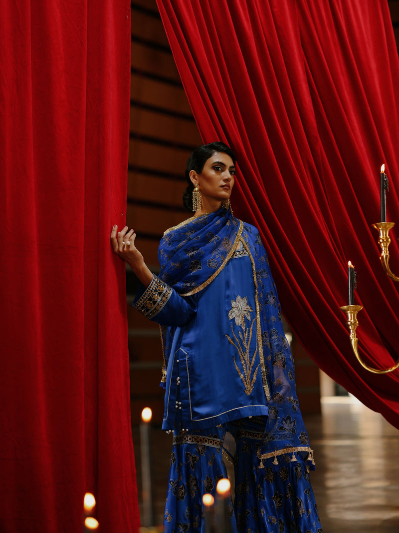 ROYAL BLUE SHORT KURTA WITH GHARARA AND DUPATTA  - SET OF 3