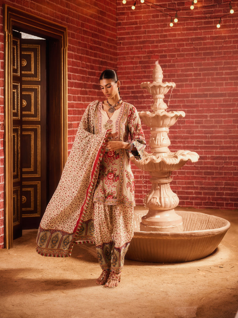 LAAL PHOOL SHORT A-LINE KURTA WITH SALWAR AND DUPATTA (SET OF 3)