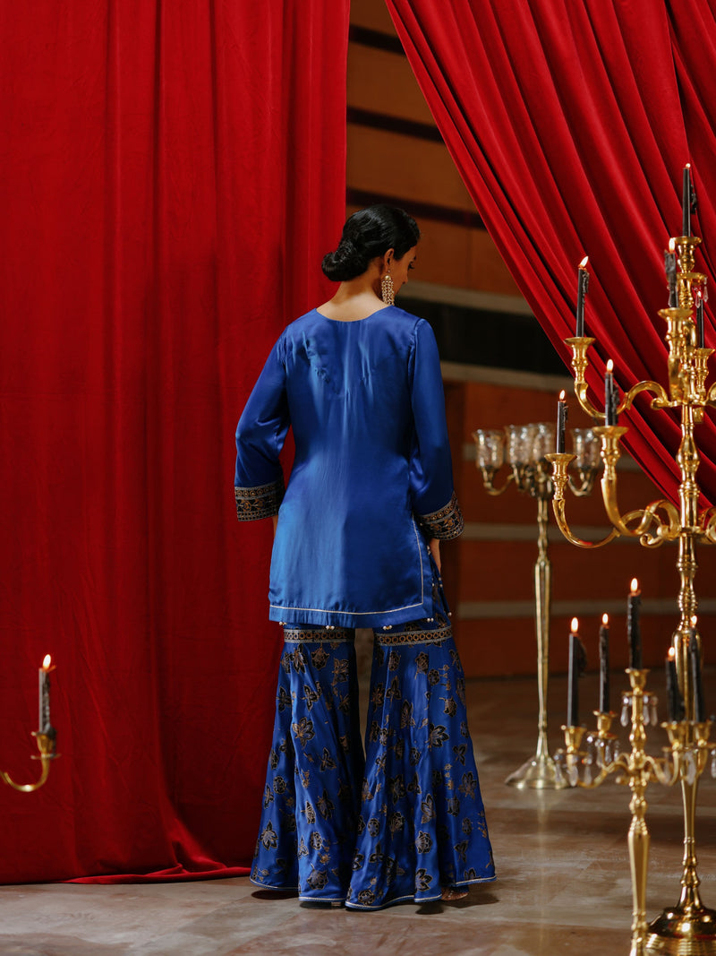 ROYAL BLUE SHORT KURTA WITH GHARARA AND DUPATTA  - SET OF 3