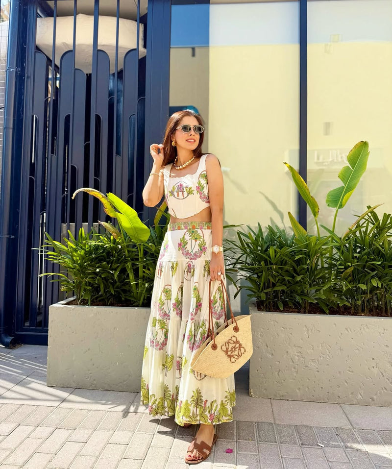 OFF WHITE PALM PARADISE SKIRT AND BLOUSE SET - SET OF 2