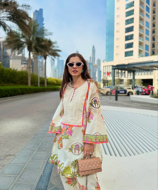 OFF WHITE TROPICAL BLOOM SHORT KURTA WITH TULIP SALWAR SET - SET OF 2