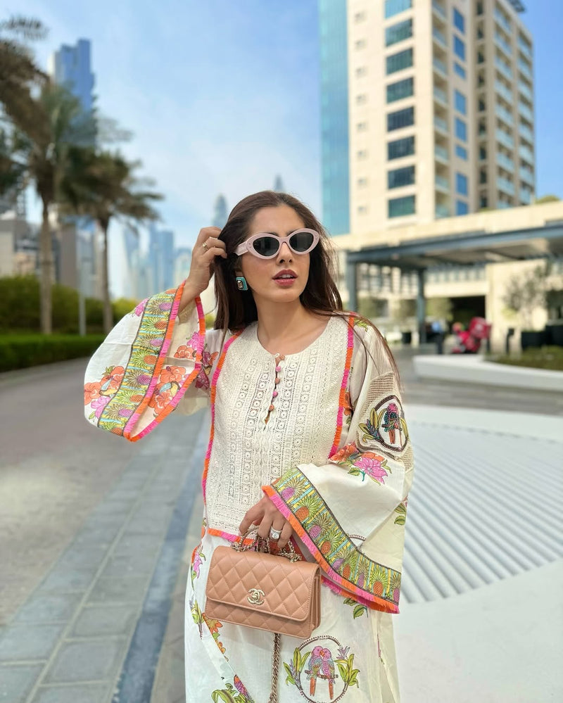 OFF WHITE TROPICAL BLOOM SHORT KURTA WITH TULIP SALWAR SET - SET OF 2