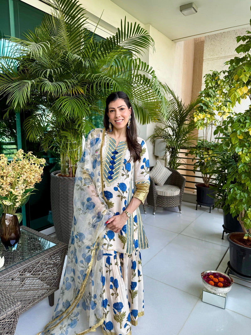 BLUE GENDA PHOOL SHORT KALIDAAR KURTA WITH GHARARA AND DUPATTA (SET OF 3)