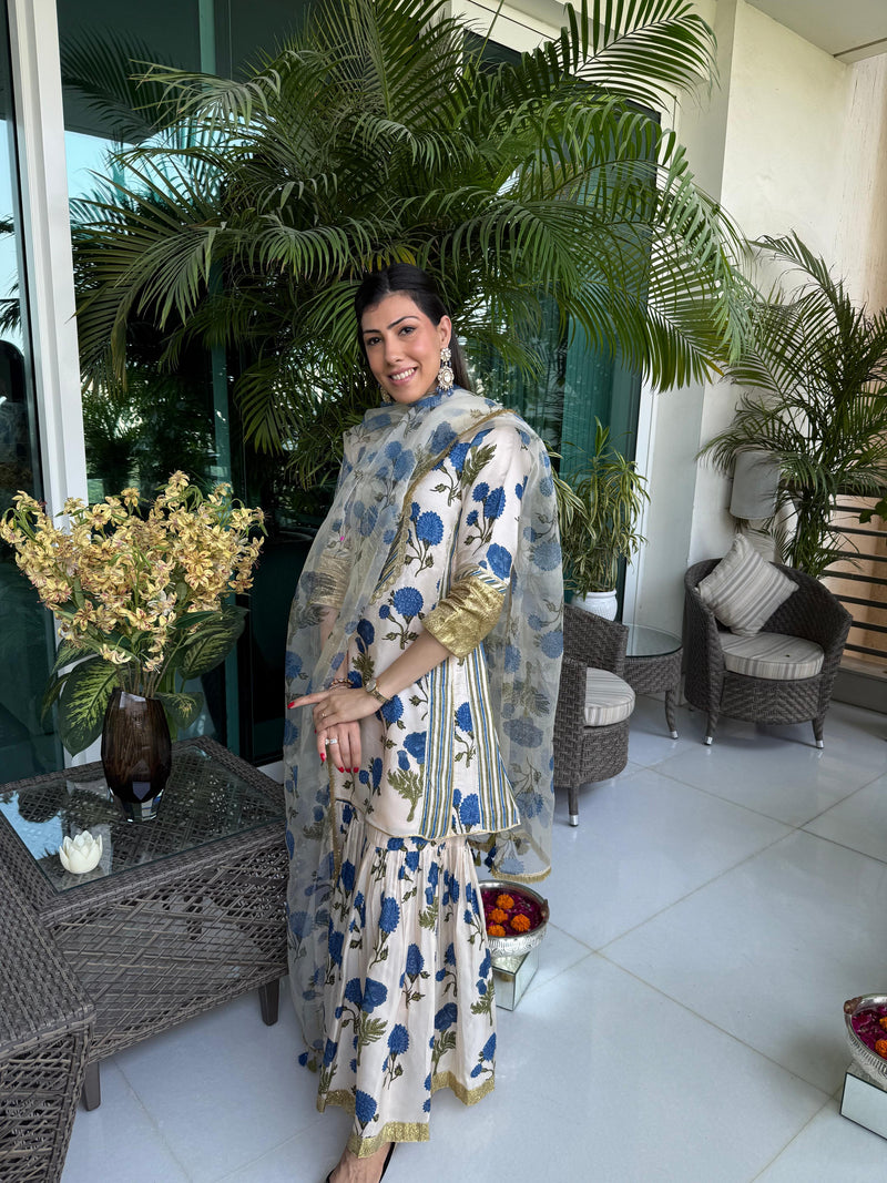 BLUE GENDA PHOOL SHORT KALIDAAR KURTA WITH GHARARA AND DUPATTA (SET OF 3)