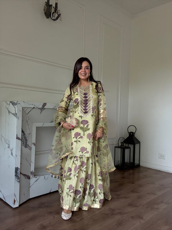 PURPLE GENDA PHOOL SHORT KALIDAAR KURTA WITH GHARARA AND DUPATTA (SET OF 3)