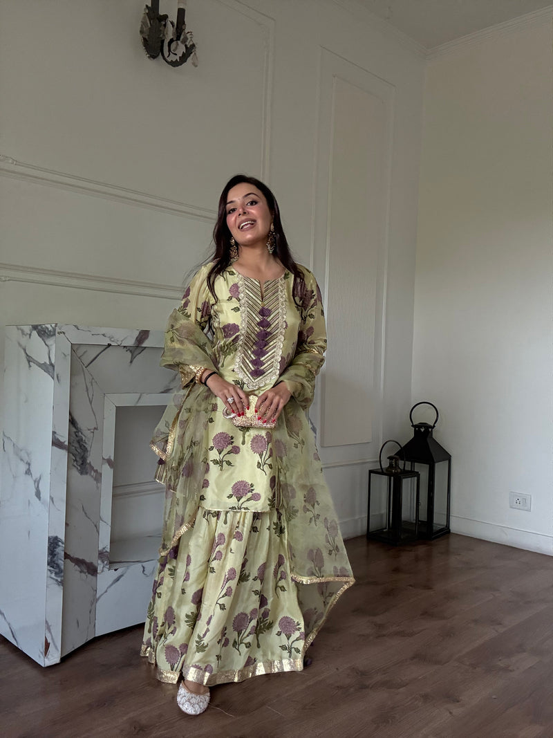 PURPLE GENDA PHOOL SHORT KALIDAAR KURTA WITH GHARARA AND DUPATTA (SET OF 3)