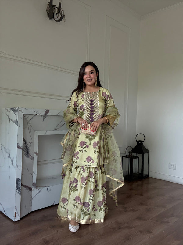 PURPLE GENDA PHOOL SHORT KALIDAAR KURTA WITH GHARARA AND DUPATTA (SET OF 3)