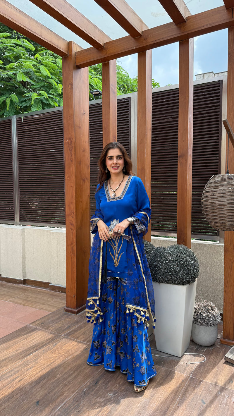 ROYAL BLUE SHORT KURTA WITH GHARARA AND DUPATTA  - SET OF 3