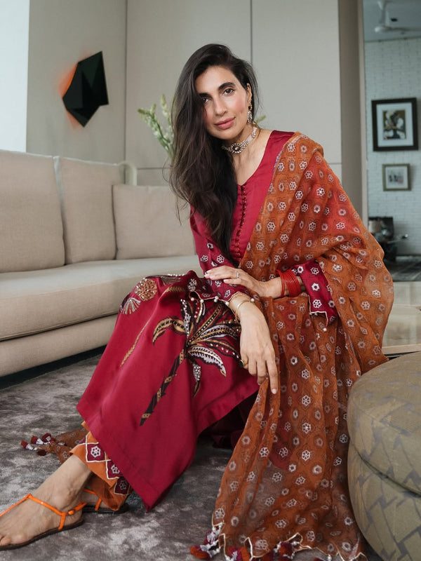 RUBY PINK STRAIGHT LONG KURTA WITH RUST ORANGE PANT AND DUPATTA  -SET OF 3