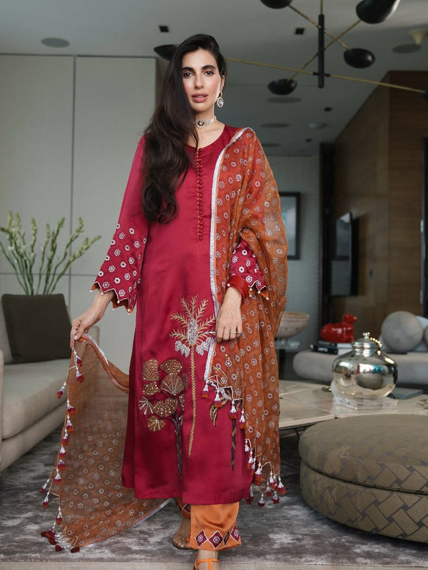 RUBY PINK STRAIGHT LONG KURTA WITH RUST ORANGE PANT AND DUPATTA  -SET OF 3