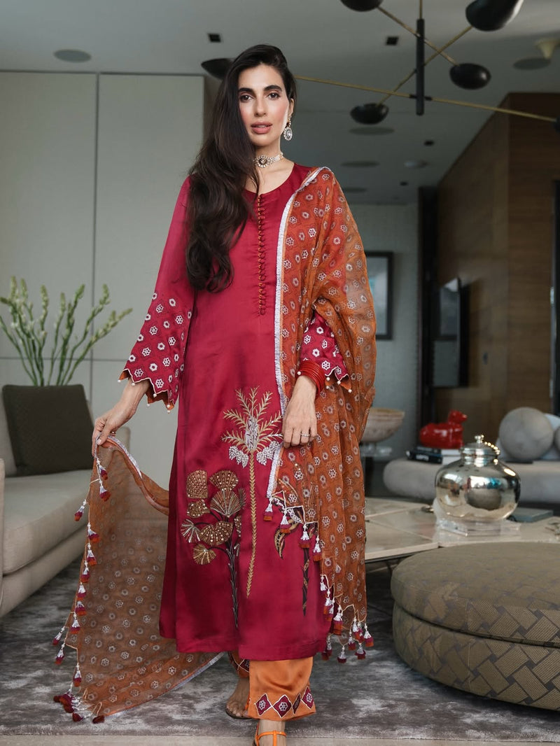 RUBY PINK STRAIGHT LONG KURTA WITH RUST ORANGE PANT AND DUPATTA  -SET OF 3