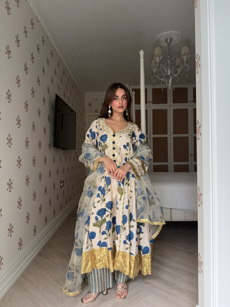 BLUE GENDA PHOOL  KALIDAAR KURTA WITH PANT AND DUPATTA (SET OF 3)