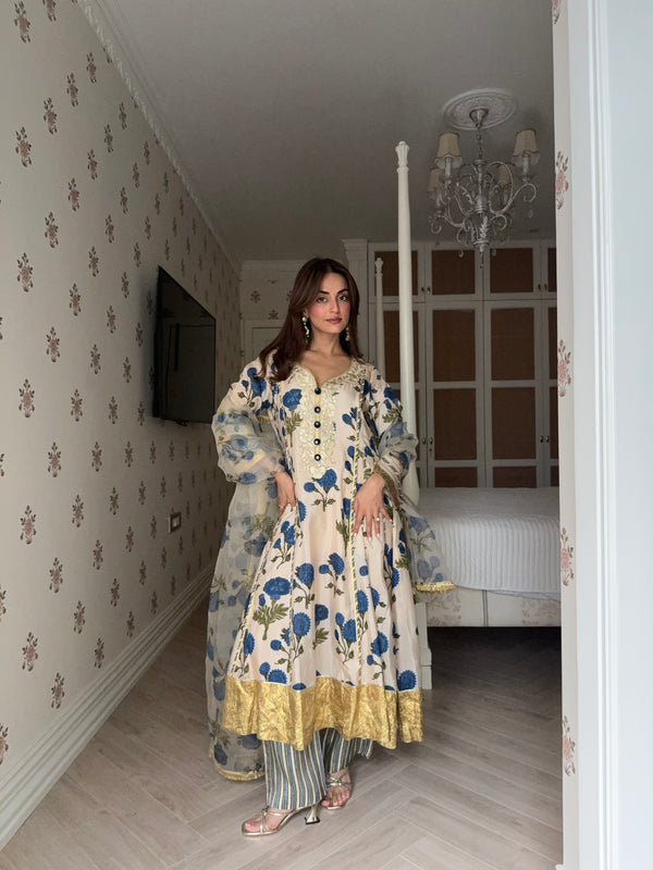 BLUE GENDA PHOOL  KALIDAAR KURTA WITH PANT AND DUPATTA (SET OF 3)