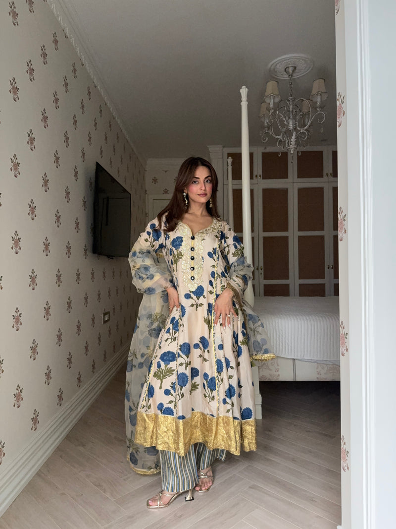 BLUE GENDA PHOOL  KALIDAAR KURTA WITH PANT AND DUPATTA (SET OF 3)