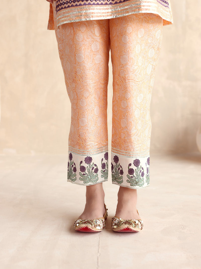 Peach Short Kurta with Pant and Scarf-Set of 3