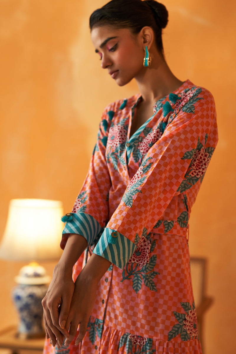 NARGIS PINK AND ORANGE CHECKERED LONG DRESS