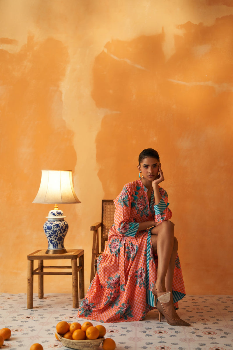 NARGIS PINK AND ORANGE CHECKERED LONG DRESS