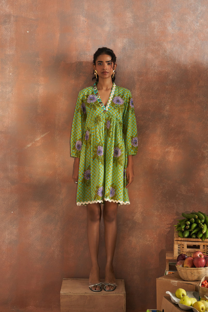 NARGIS TEAL AND LIME GREEN CHECKERED V- NECK FLORAL DRESS SHORT