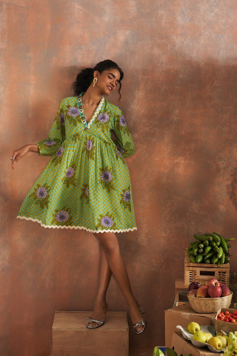 NARGIS TEAL AND LIME GREEN CHECKERED V- NECK FLORAL DRESS SHORT