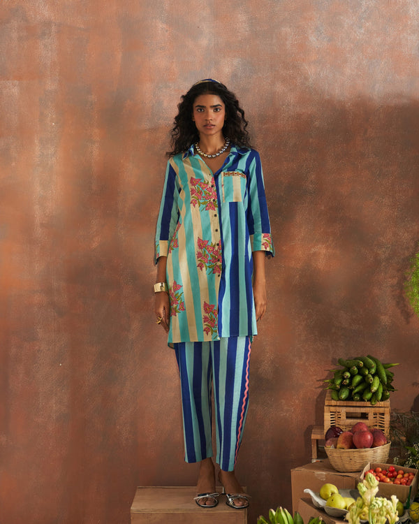 MALTI BEIGE AND AQUA BLUE LONG COLLARED SHIRT WITH PANT - SET OF 2