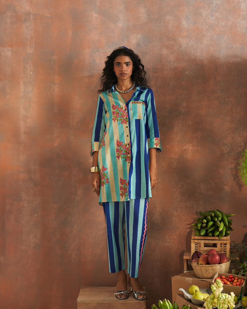 MALTI BEIGE AND AQUA BLUE LONG COLLARED SHIRT WITH PANT - SET OF 2