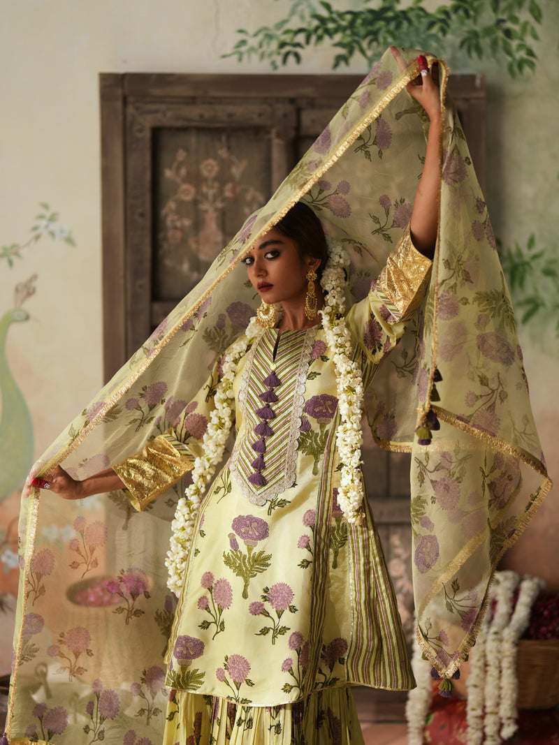 PURPLE GENDA PHOOL SHORT KALIDAAR KURTA WITH GHARARA AND DUPATTA (SET OF 3)