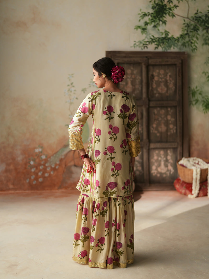 RANI PINK GENDA PHOOL SHORT KALIDAAR KURTA WITH GHARARA AND DUPATTA (SET OF 3)