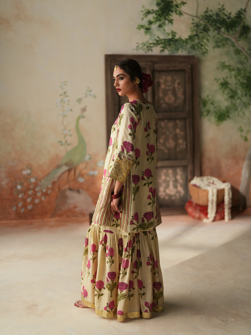 RANI PINK GENDA PHOOL SHORT KALIDAAR KURTA WITH GHARARA AND DUPATTA (SET OF 3)