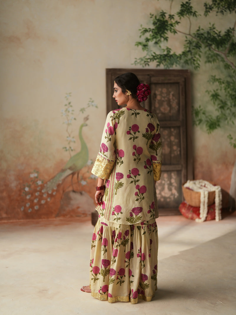 RANI PINK GENDA PHOOL SHORT KALIDAAR KURTA WITH GHARARA AND DUPATTA (SET OF 3)