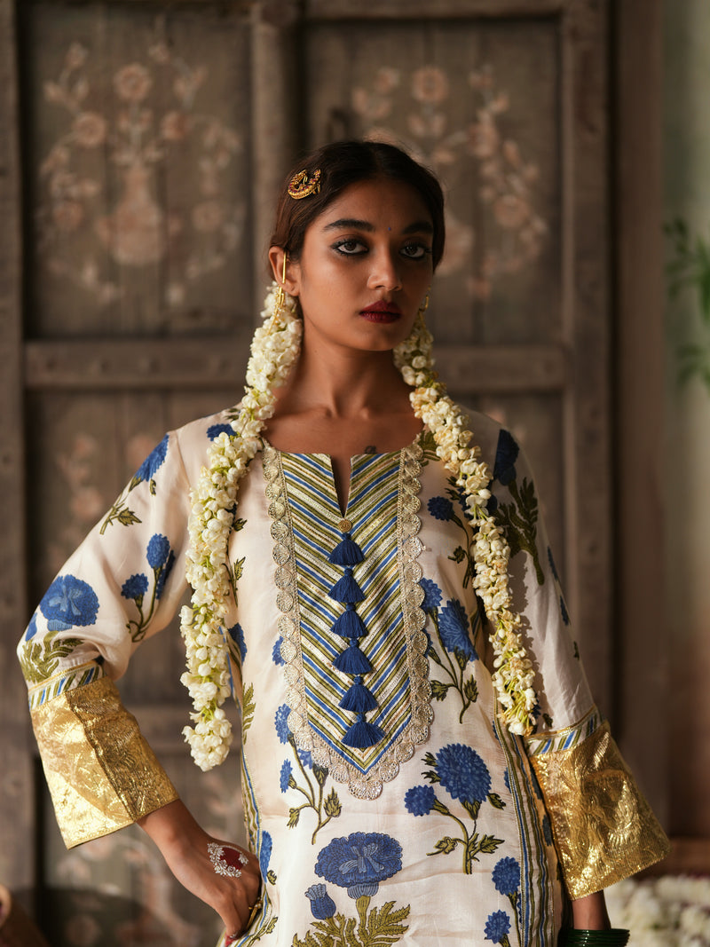 BLUE GENDA PHOOL SHORT KALIDAAR KURTA WITH GHARARA AND DUPATTA (SET OF 3)