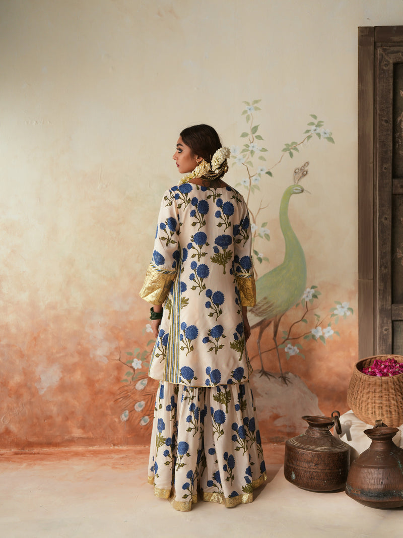 BLUE GENDA PHOOL SHORT KALIDAAR KURTA WITH GHARARA AND DUPATTA (SET OF 3)