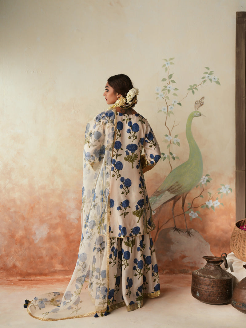 BLUE GENDA PHOOL SHORT KALIDAAR KURTA WITH GHARARA AND DUPATTA (SET OF 3)