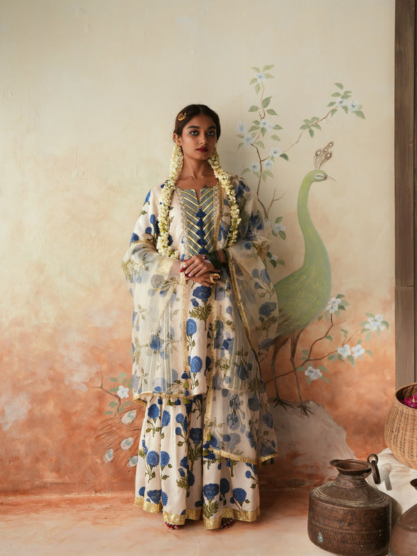 BLUE GENDA PHOOL SHORT KALIDAAR KURTA WITH GHARARA AND DUPATTA (SET OF 3)