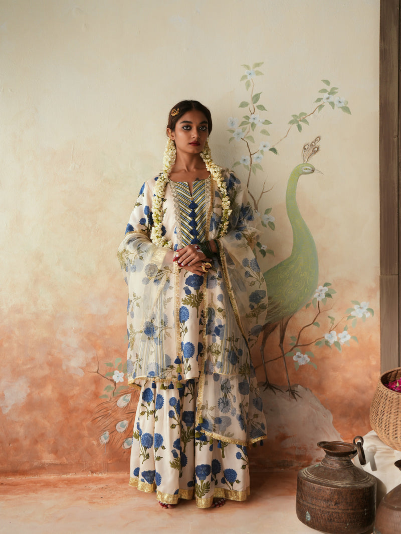 BLUE GENDA PHOOL SHORT KALIDAAR KURTA WITH GHARARA AND DUPATTA (SET OF 3)