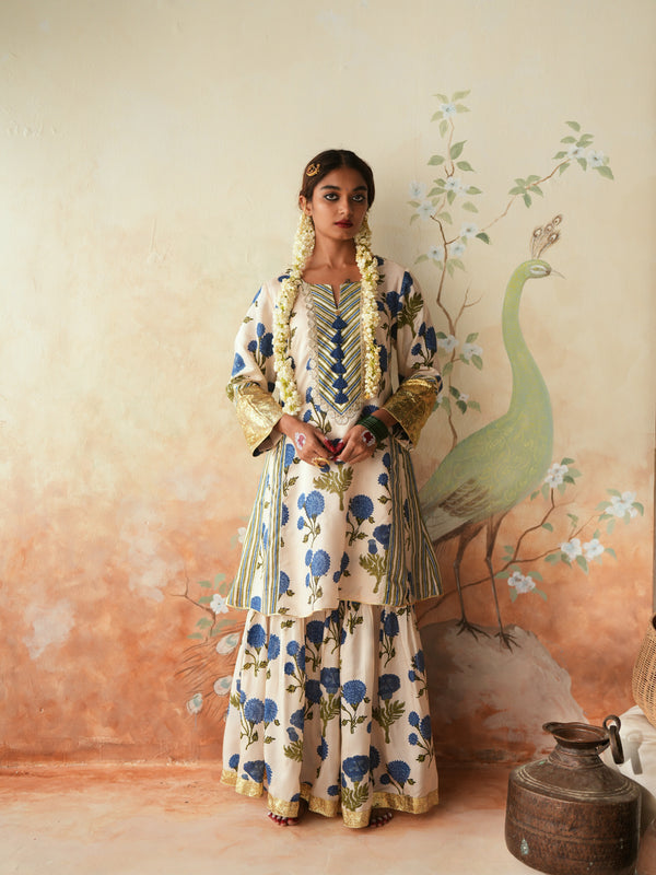 BLUE GENDA PHOOL SHORT KALIDAAR KURTA WITH GHARARA AND DUPATTA (SET OF 3)
