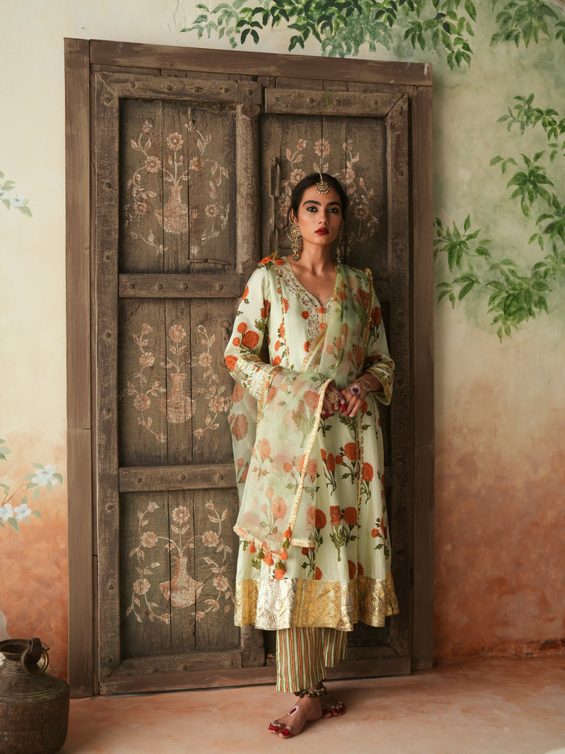 ORANGE GENDA PHOOL KALIDAAR KURTA WITH PANT AND DUPATTA (SET OF 3)