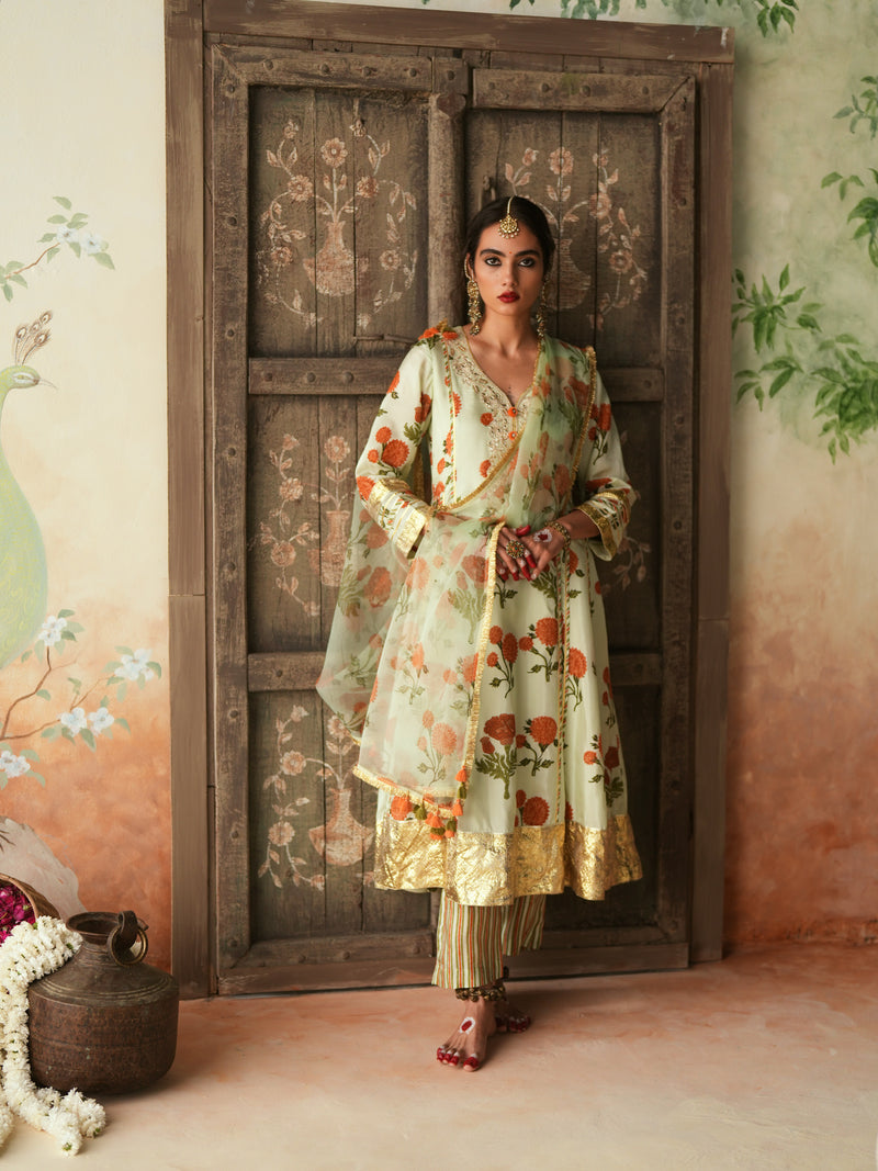 ORANGE GENDA PHOOL KALIDAAR KURTA WITH PANT AND DUPATTA (SET OF 3)