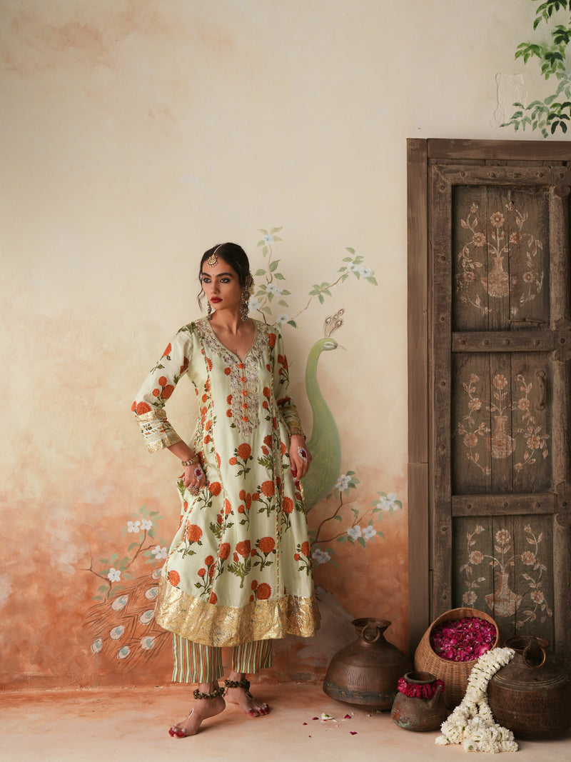 ORANGE GENDA PHOOL KALIDAAR KURTA WITH PANT AND DUPATTA (SET OF 3)