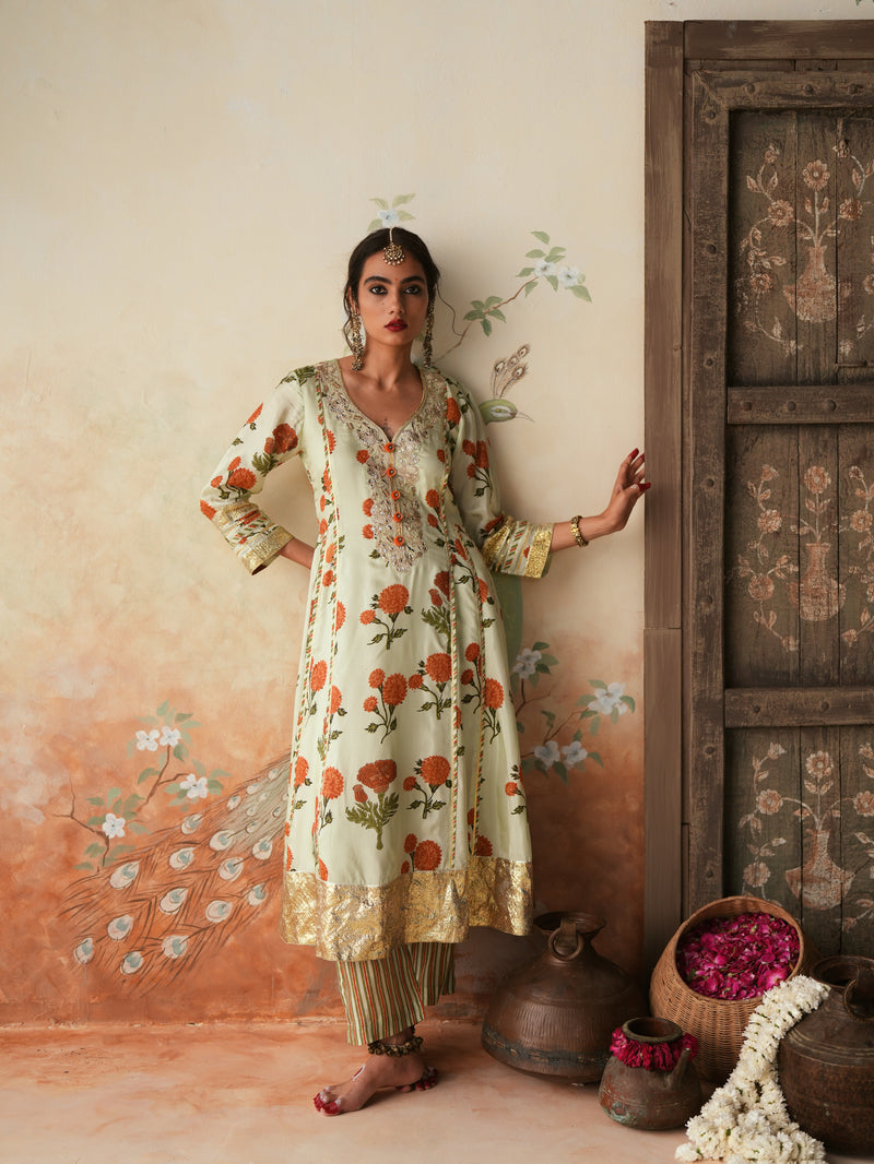 ORANGE GENDA PHOOL KALIDAAR KURTA WITH PANT AND DUPATTA (SET OF 3)