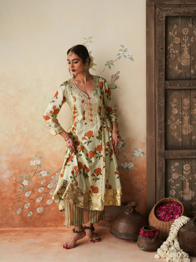 ORANGE GENDA PHOOL KALIDAAR KURTA WITH PANT AND DUPATTA (SET OF 3)