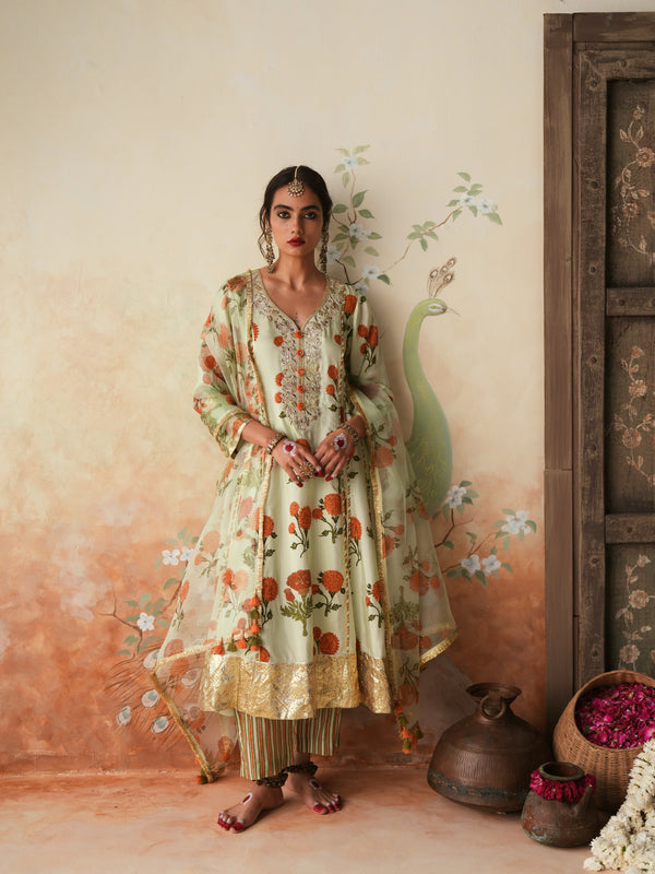 ORANGE GENDA PHOOL KALIDAAR KURTA WITH PANT AND DUPATTA (SET OF 3)