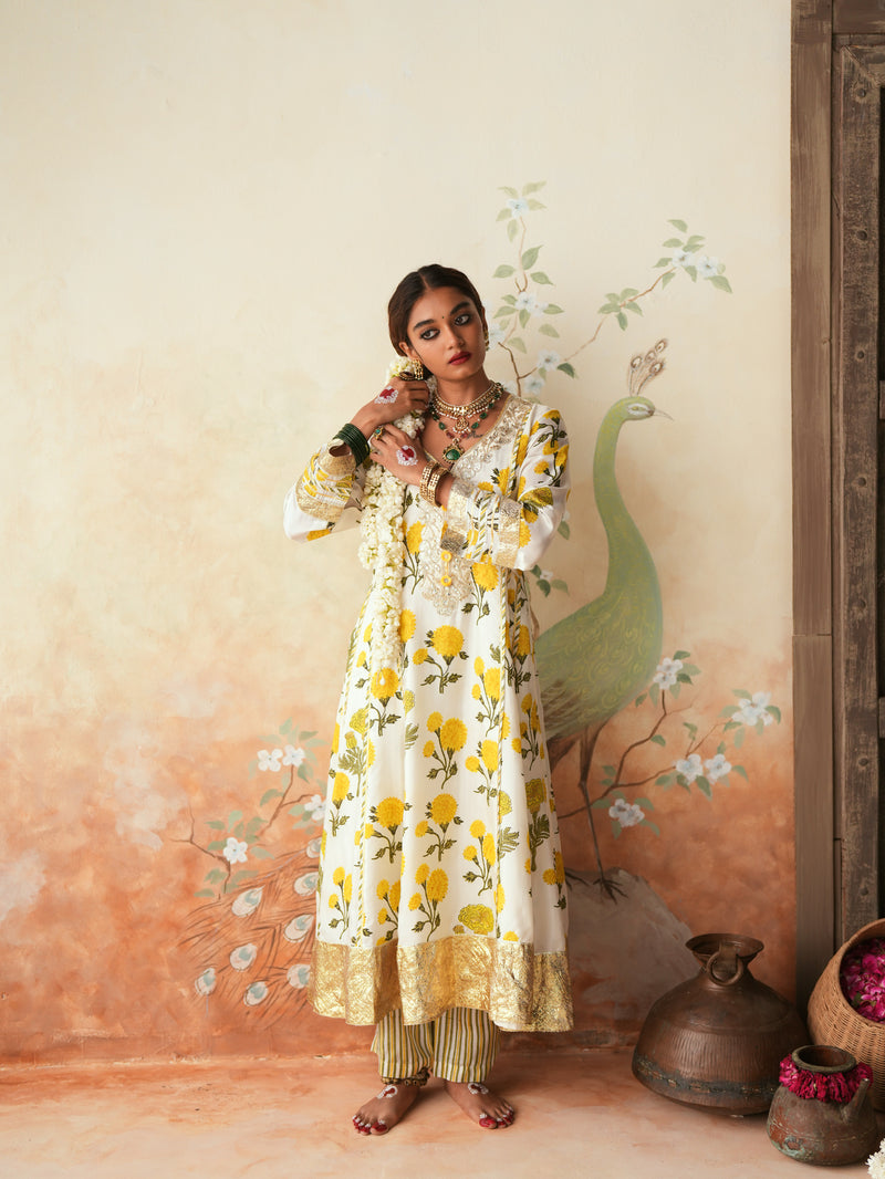YELLOW GENDA PHOOL KALIDAAR KURTA WITH PANT AND DUPATTA (SET OF 3)