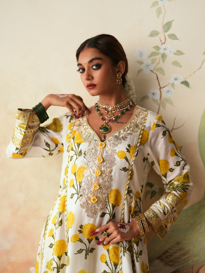YELLOW GENDA PHOOL KALIDAAR KURTA WITH PANT AND DUPATTA (SET OF 3)