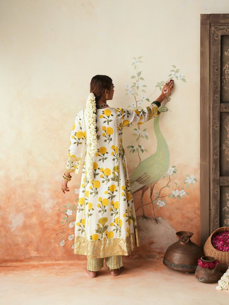 YELLOW GENDA PHOOL KALIDAAR KURTA WITH PANT AND DUPATTA (SET OF 3)