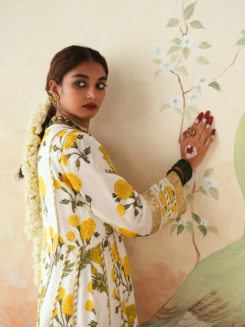 YELLOW GENDA PHOOL KALIDAAR KURTA WITH PANT AND DUPATTA (SET OF 3)