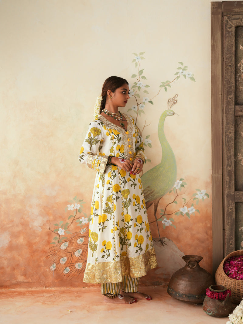 YELLOW GENDA PHOOL KALIDAAR KURTA WITH PANT AND DUPATTA (SET OF 3)