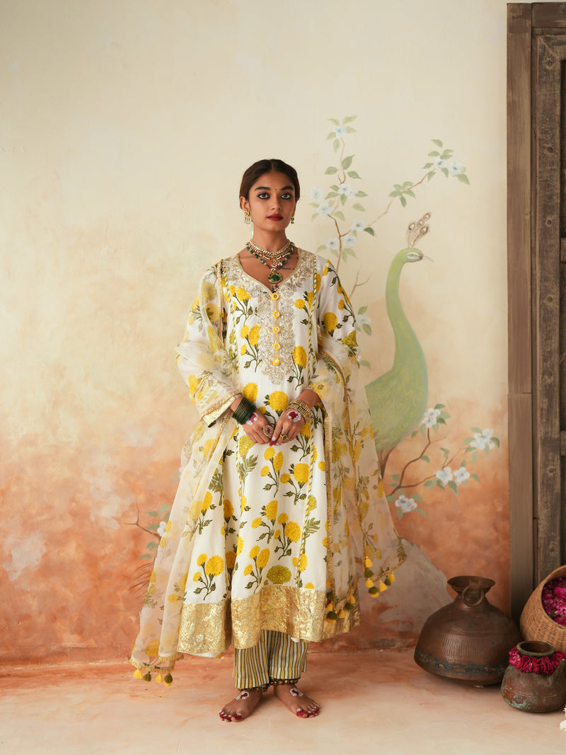 YELLOW GENDA PHOOL KALIDAAR KURTA WITH PANT AND DUPATTA (SET OF 3)