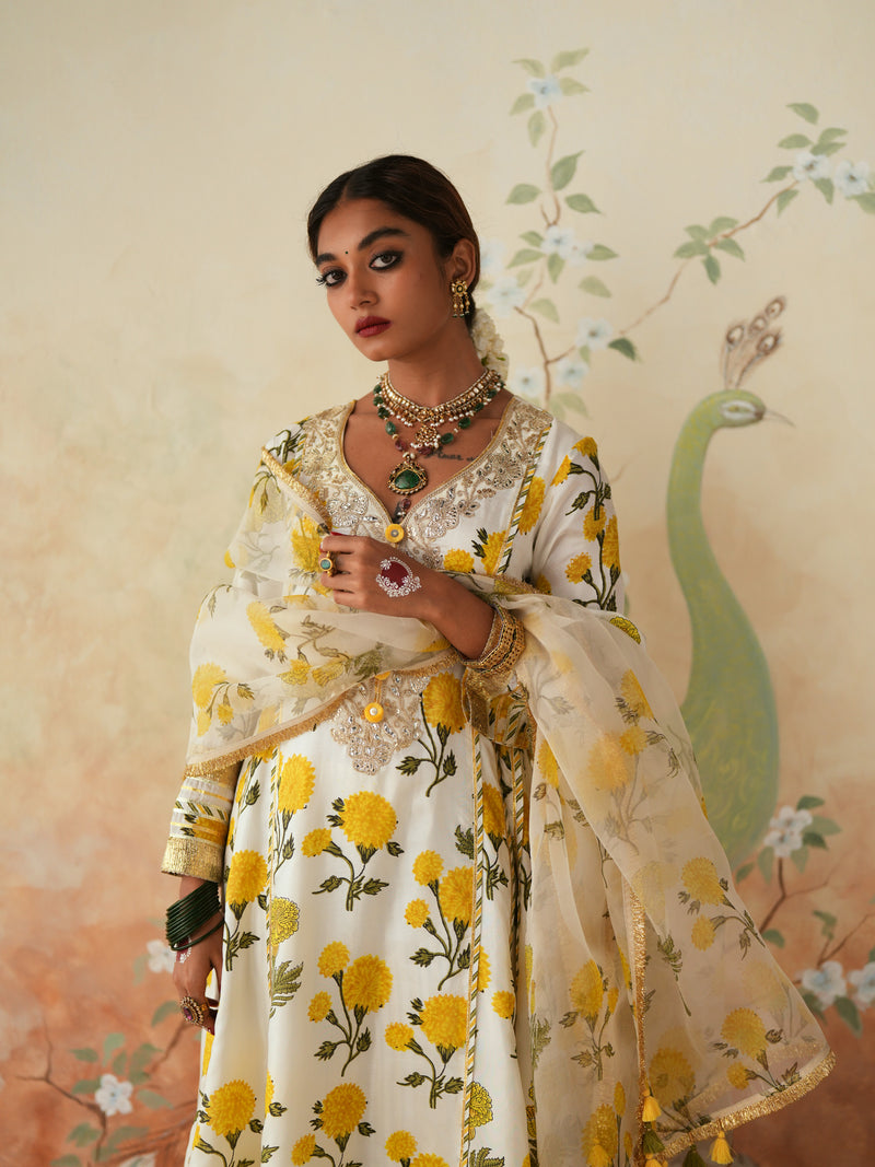 YELLOW GENDA PHOOL KALIDAAR KURTA WITH PANT AND DUPATTA (SET OF 3)