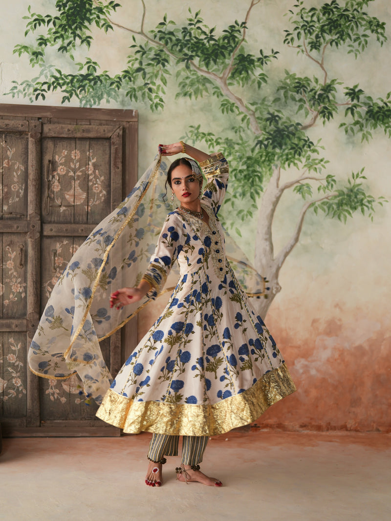 BLUE GENDA PHOOL  KALIDAAR KURTA WITH PANT AND DUPATTA (SET OF 3)