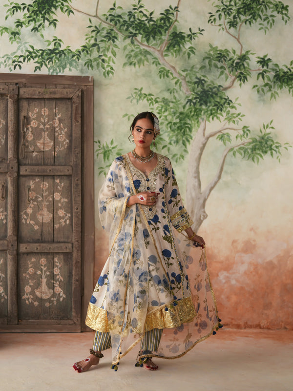 BLUE GENDA PHOOL  KALIDAAR KURTA WITH PANT AND DUPATTA (SET OF 3)
